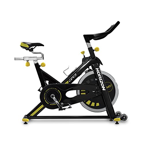 Horizon Fitness GR3 - Bicicleta Ciclo Indoor - 124x49x116cm - Volante de inercia 22kg - Freno de Fricción - Ruedas de Transporte - Color Negro y Amarillo