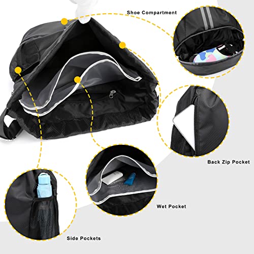 Hoseay Mochila Cuerdas Hombre Mujer Mochila Deporte Impermeable Gran Capacidad Mochila Gimnasio con Compartimento de Zapatos y Bolsillo Ligera Bolsas de Cuerdas para Deporte Viaje, Negro