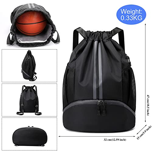 Hoseay Mochila Cuerdas Hombre Mujer Mochila Deporte Impermeable Gran Capacidad Mochila Gimnasio con Compartimento de Zapatos y Bolsillo Ligera Bolsas de Cuerdas para Deporte Viaje, Negro