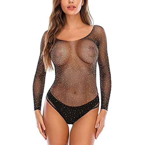 HOTSHE Body transparente de tul con lunares para mujer, con tirantes finos, de una pieza, sexy, ropa de noche, monokini de corte alto, color negro, Body de manga larga, Talla única