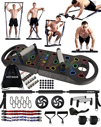 HOTWAVE Gimnasio portátil en casa con 16 accesorios de fitness, tabla de flexiones 20 en 1, bandas de resistencia con rueda de rodillo abdominal, equipo de entrenamiento de cuerpo completo en casa