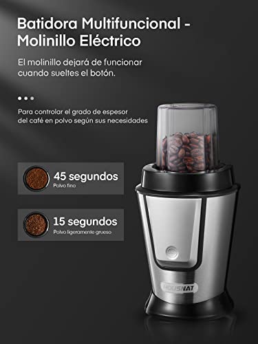 HOUSNAT Batidora de vaso individual 3 en 1, Batidora Smoothie Multifunción con molinillo de café 280ml y 2 Portátil Botellas deportivas 570ml, Acero inoxidable, Apta para lavavajillas, 500W