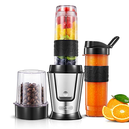 HOUSNAT Batidora de vaso individual 3 en 1, Batidora Smoothie Multifunción con molinillo de café 280ml y 2 Portátil Botellas deportivas 570ml, Acero inoxidable, Apta para lavavajillas, 500W