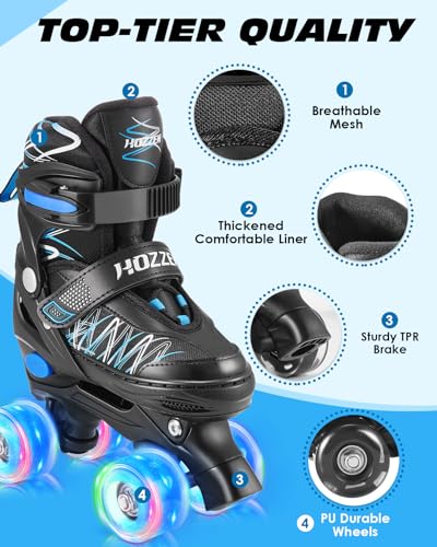 Hozzen Patines 4 Ruedas Hijo de 6 a 12 Años - Niño Patines Ajustables de 4 Tamaños(28-39), Roller Skates for Kids con Tira de Luz, Regalos de Patines para Niños, Negro