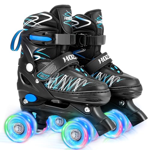 Hozzen Patines 4 Ruedas Hijo de 6 a 12 Años - Niño Patines Ajustables de 4 Tamaños(28-39), Roller Skates for Kids con Tira de Luz, Regalos de Patines para Niños, Negro