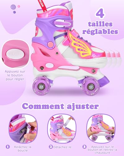 Hozzen Patines 4 Ruedas Niños de 6 a 12 Años - Patines Ajustables de 4 Tamaños con Luces y Bolsa Mochila, Roller Skates for Kids con Tira de Luz, Regalos de Unicornio