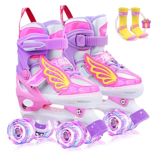 Hozzen Patines 4 Ruedas Niños de 6 a 12 Años - Patines Ajustables de 4 Tamaños con Luces y Bolsa Mochila, Roller Skates for Kids con Tira de Luz, Regalos de Unicornio