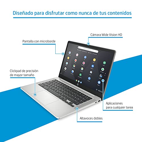 HP Chromebook 14a-na0025ns - Ordenador portátil de 14" Full HD (Intel Celeron N4120, 8GB RAM, 128GB eMMC, Intel UHD Graphics 600, ChromeOS) Plata - Teclado QWERTY Español