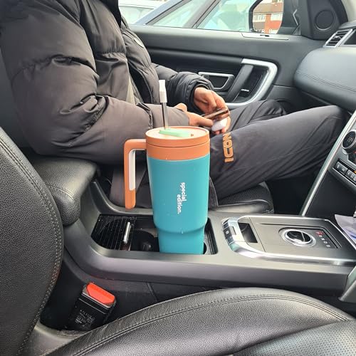 HQT Hydratrek Quencher - Vaso de 40 onzas con asa, tapa atornillada, a prueba de fugas, doble pared aislada de acero inoxidable con accesorios, vaso HQT Hydeotrek Quencher con popote (verde azulado)