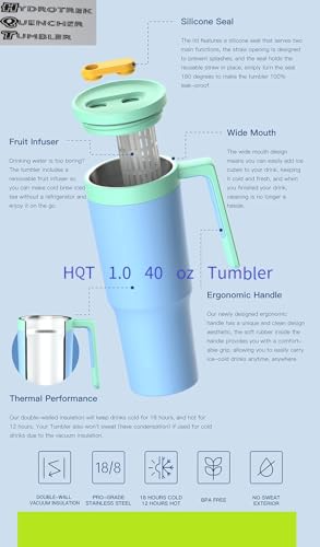 HQT Hydratrek Quencher - Vaso de 40 onzas con asa, tapa atornillada, a prueba de fugas, doble pared aislada de acero inoxidable con accesorios, vaso HQT Hydeotrek Quencher con popote (verde azulado)