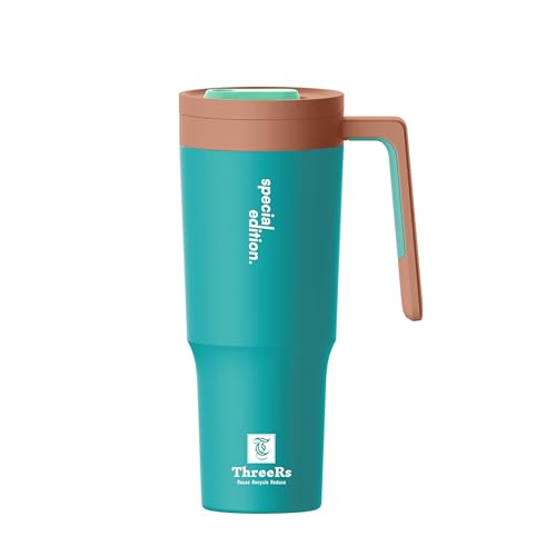 HQT Hydratrek Quencher - Vaso de 40 onzas con asa, tapa atornillada, a prueba de fugas, doble pared aislada de acero inoxidable con accesorios, vaso HQT Hydeotrek Quencher con popote (verde azulado)