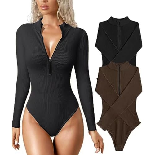 HSAJS Body Mujer Manga Larga Cuello en Alto Bodysuit Tops Sexy Elegante Slim Fit Básico Leotardo Top con Cremallera Casual Bodycon Jumpsuit