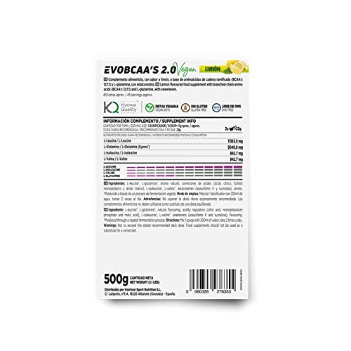 HSN BCAA con Glutamina Evobcaa's 2.0 | Sabor Limón 500 gr = 45 Tomas por Envase de Aminoácidos Ramificados Ratio 12:1:1 (Leucina + Valina + Isoleucina) | No-GMO, Vegano, Sin Gluten