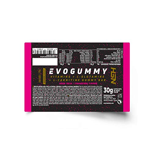 HSN Evogummy Recovery Bar Barrita Energética | con Fruta Natural, Recuperador Muscular: Carbohidratos + Vitaminas + Minerales + Glutamina + Carnitina Tartrato, Sabor Fresa, 24 Unidades de 30g