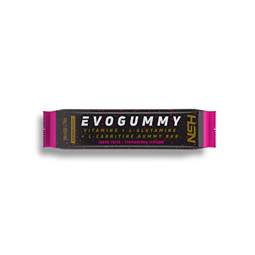 HSN Evogummy Recovery Bar Barrita Energética | con Fruta Natural, Recuperador Muscular: Carbohidratos + Vitaminas + Minerales + Glutamina + Carnitina Tartrato, Sabor Fresa, 24 Unidades de 30g