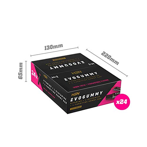 HSN Evogummy Recovery Bar Barrita Energética | con Fruta Natural, Recuperador Muscular: Carbohidratos + Vitaminas + Minerales + Glutamina + Carnitina Tartrato, Sabor Fresa, 24 Unidades de 30g