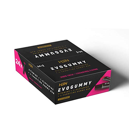 HSN Evogummy Recovery Bar Barrita Energética | con Fruta Natural, Recuperador Muscular: Carbohidratos + Vitaminas + Minerales + Glutamina + Carnitina Tartrato, Sabor Fresa, 24 Unidades de 30g