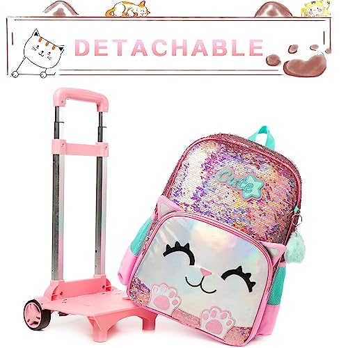 HTgroce Mochila Con Ruedas Niña con Estuche para Lápices y Bolsa para el Almuerzo, Mochilas Escolares Con Ruedas, Mochila 3 en 1 con Mochilas Escolares Con Ruedas