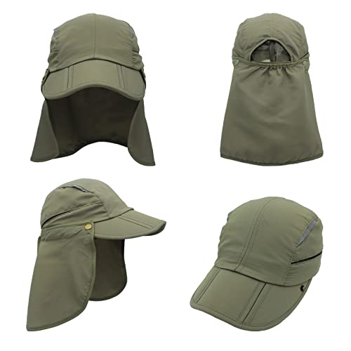 Huakunda Sombreros para El Sol Hombre Mujeres UPF50+ Sombrero Verano Protector De Cuello Desmontable Gorras Béisbol Proteccion Solar Gorra Transpirable Protección UV Protege, Ejercito Verde, L