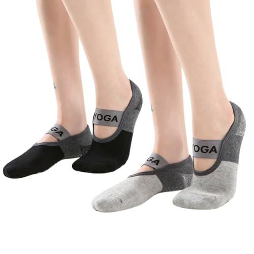 Hually Calcetines de Yoga Antideslizantes para Mujer,2 Pares Calcetines de Correas, Ideales para Pilates, Barra, Ballet, Baile,Fitness,Baile Descalzo (Negro y Gris) (37-43)