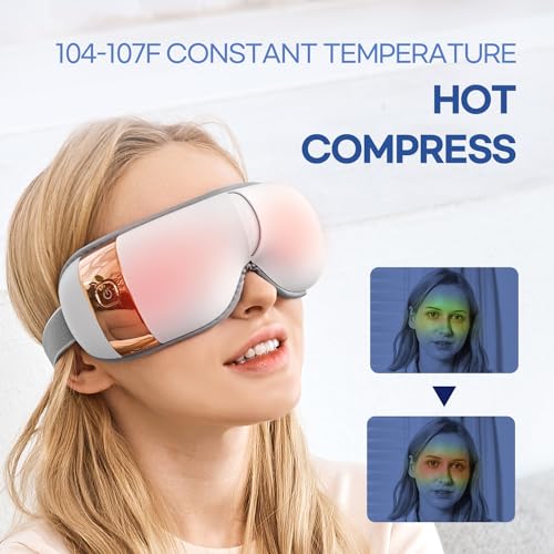 HuBDIC Masajeador de ojos con calor, vibración, masajeador térmico con música para migrañas, relaja y reduce la tensión ocular, ojeras, bolsas de ojos secos, mejora el sueño, Blanco