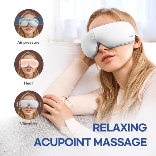 HuBDIC Masajeador de ojos con calor, vibración, masajeador térmico con música para migrañas, relaja y reduce la tensión ocular, ojeras, bolsas de ojos secos, mejora el sueño, Blanco