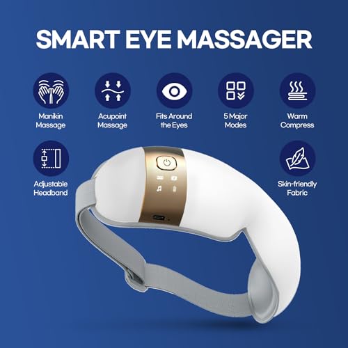 HuBDIC Masajeador de ojos con calor, vibración, masajeador térmico con música para migrañas, relaja y reduce la tensión ocular, ojeras, bolsas de ojos secos, mejora el sueño, Blanco