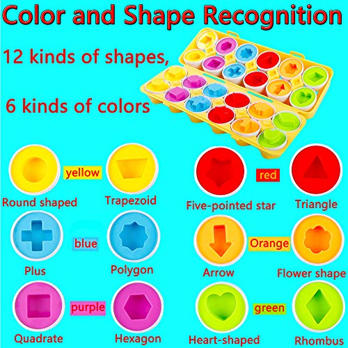 HVDHYY Juguete de Huevos Plástica 12Pcs Juego de Reconocimiento de Formas y Colores Clasificación Puzzle Juguete Educativos Geométricos para 2+ Niños y Niñas Regalo Navidad/Día del Niño/Cumpleaños