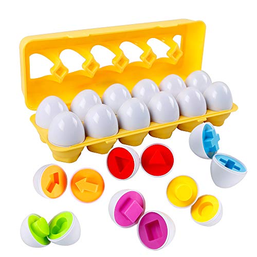 HVDHYY Juguete de Huevos Plástica 12Pcs Juego de Reconocimiento de Formas y Colores Clasificación Puzzle Juguete Educativos Geométricos para 2+ Niños y Niñas Regalo Navidad/Día del Niño/Cumpleaños