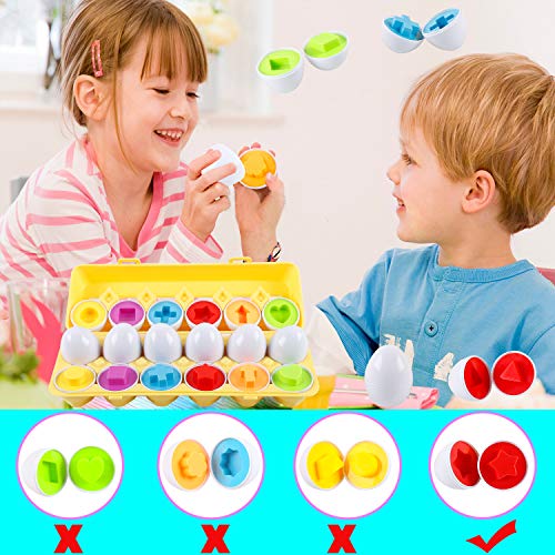 HVDHYY Juguete de Huevos Plástica 12Pcs Juego de Reconocimiento de Formas y Colores Clasificación Puzzle Juguete Educativos Geométricos para 2+ Niños y Niñas Regalo Navidad/Día del Niño/Cumpleaños