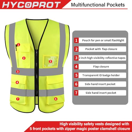 HYCOPROT Chaleco de seguridad Reflectante Alta visibilidad Ropa de trabajo Gerente ejecutivo Chaqueta de chaleco Cremallera Brace Seguridad Teléfono móvil Titular de ID de bolsillo（Amarillo,S）