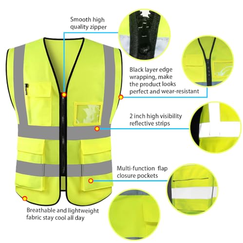 HYCOPROT Chaleco de seguridad Reflectante Alta visibilidad Ropa de trabajo Gerente ejecutivo Chaqueta de chaleco Cremallera Brace Seguridad Teléfono móvil Titular de ID de bolsillo（Amarillo,S）