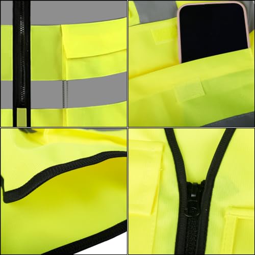 HYCOPROT Chaleco de seguridad Reflectante Alta visibilidad Ropa de trabajo Gerente ejecutivo Chaqueta de chaleco Cremallera Brace Seguridad Teléfono móvil Titular de ID de bolsillo（Amarillo,S）