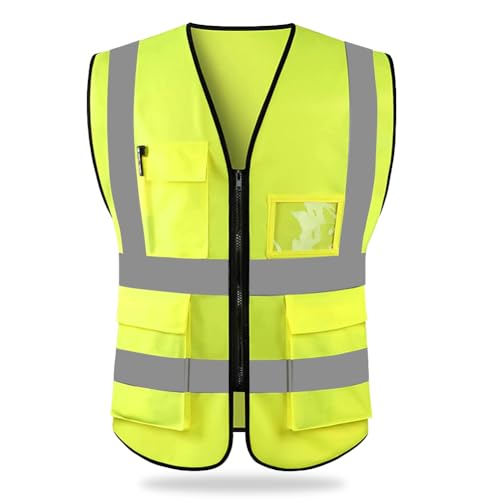 HYCOPROT Chaleco de seguridad Reflectante Alta visibilidad Ropa de trabajo Gerente ejecutivo Chaqueta de chaleco Cremallera Brace Seguridad Teléfono móvil Titular de ID de bolsillo（Amarillo,S）