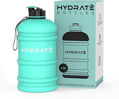 HYDRATE - Botella de agua XL de 2,2 l, sin BPA, a prueba de fugas, tapa abatible, ideal para gimnasio, recipiente de agua transparente con material extra fuerte, perfecto para deportes, rugby y sobre