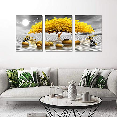 hyidecorart Cuadro Moderno en Lienzo, Amarillo, 3 Piezas, Arbol De La Vida, Naturaleza, Decoracion Salon Dormitorios Comedor Oficina Pasillo Cocina Y Baño