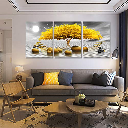 hyidecorart Cuadro Moderno en Lienzo, Amarillo, 3 Piezas, Arbol De La Vida, Naturaleza, Decoracion Salon Dormitorios Comedor Oficina Pasillo Cocina Y Baño