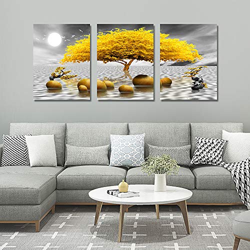 hyidecorart Cuadro Moderno en Lienzo, Amarillo, 3 Piezas, Arbol De La Vida, Naturaleza, Decoracion Salon Dormitorios Comedor Oficina Pasillo Cocina Y Baño