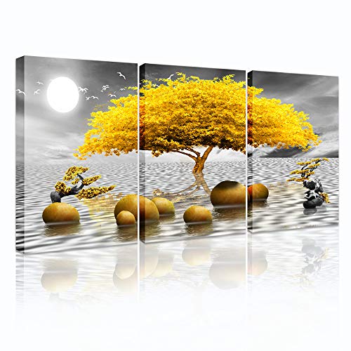 hyidecorart Cuadro Moderno en Lienzo, Amarillo, 3 Piezas, Arbol De La Vida, Naturaleza, Decoracion Salon Dormitorios Comedor Oficina Pasillo Cocina Y Baño