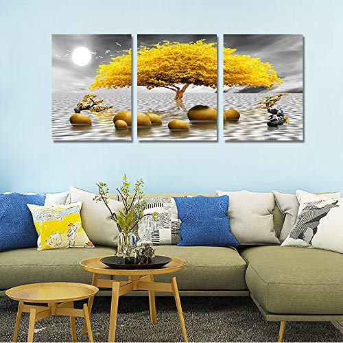 hyidecorart Cuadro Moderno en Lienzo, Amarillo, 3 Piezas, Arbol De La Vida, Naturaleza, Decoracion Salon Dormitorios Comedor Oficina Pasillo Cocina Y Baño