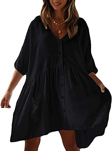 HYUET Mujer Vestido Corto de Playa Mujer Algodón Pareos y Camisola de Playa Sexy Verano Túnica Ropa Traje de Baño Bikini Cover Up Color Sólido Blusa Tops Talla Grande Elegante con Boton