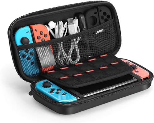 iAmer 11 en 1 Accesorios para Nintendo Switch,Funda para Nintendo Switch+Carcasa Switch Transparente+2 Cristal Templado Pantalla+Funda de Silicona+4 Pulgar Grips+2 Estuche De Juegos+Paño de Limpieza