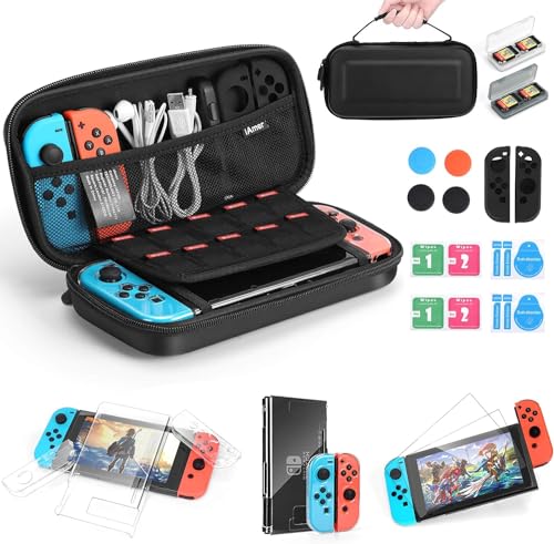 iAmer 11 en 1 Accesorios para Nintendo Switch,Funda para Nintendo Switch+Carcasa Switch Transparente+2 Cristal Templado Pantalla+Funda de Silicona+4 Pulgar Grips+2 Estuche De Juegos+Paño de Limpieza