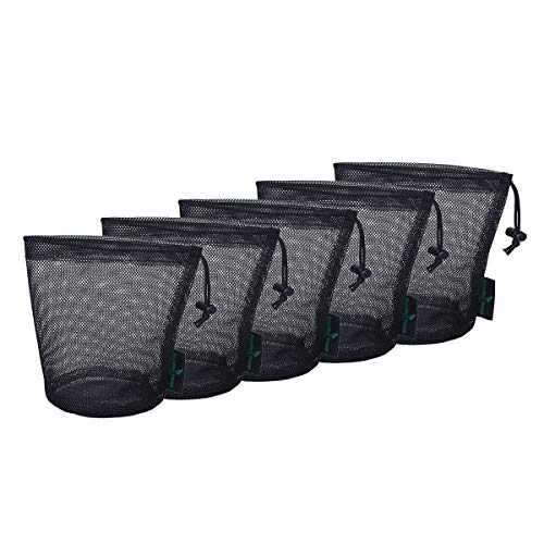 iBasingo Bolso de Malla Negro Saco de Nylon Bolsa de Red Duradera con Cordón Pequeño Saco de Viaje Bolsa de Malla de Almacenamiento Ditty para Cosméticos Geles de Ducha Olla Bola Herramientas 5 pcs