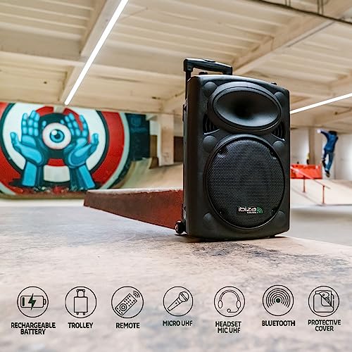 Ibiza - PORT15UHF-BT - Altavoz portátil 15"/800W MAX con 2 micrófonos (UHF), Mando a Distancia y Funda Protectora - Bluetooth, USB, SD & TWS - Autonomía de 6 a 8h