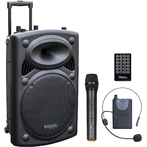 Ibiza - PORT15UHF-BT - Altavoz portátil 15"/800W MAX con 2 micrófonos (UHF), Mando a Distancia y Funda Protectora - Bluetooth, USB, SD & TWS - Autonomía de 6 a 8h