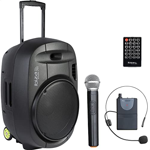 Ibiza - PORT15VHF-MKII-TWS - Altavoz portátil 15"/800W MAX con 2 micrófonos (VHF), Mando a Distancia y Funda Protectora - Bluetooth, USB, SD & TWS - 6 a 8h de autonomía