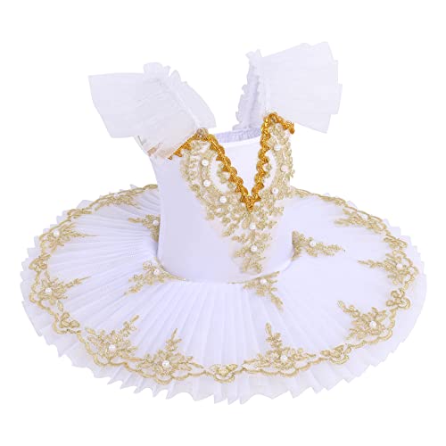 IBTOM CASTLE Maillot Ballet Niña Pluma Bordada Disfraz Bailarina Tutu Princesa Elegante Mallot Patinaje Artistico Competicion Niña Blanco 7-8 Años