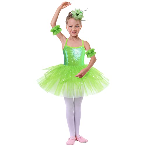 IBTOM CASTLE Maillot Ballet Niña Sin Mangas Estrella Lentejuelas Princesa Pareo de Pétalos Vestido de Ballet Gimnasia Leotardo Mallot Patinaje Competicion Niña Verde 5-6 años