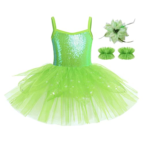 IBTOM CASTLE Maillot Ballet Niña Sin Mangas Estrella Lentejuelas Princesa Pareo de Pétalos Vestido de Ballet Gimnasia Leotardo Mallot Patinaje Competicion Niña Verde 5-6 años